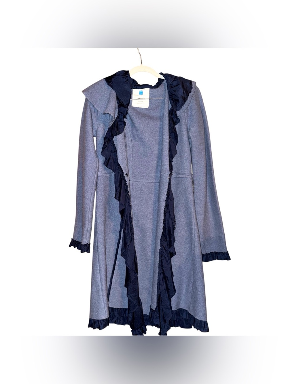 ANTHROPOLOGIE SPARROW Merino Wool & Silk Ruffled Sweater Coat Blue Size Small